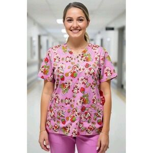 Strawberry Shortcake Women's Large Scrub Top Graphic with Pockets NWT Nurse